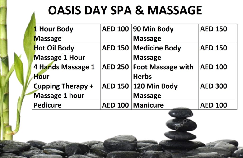 Oasis Day Spa &  Massage
#1504, 15th Floor, Same Building Life Pharmacy 
Al Safa Tower - Sheikh Zayed Rd – Dubai
[Near Emirates Towers Metro Station]
Contact Us: 0563211943
